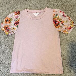 Lauren Conrad Light Pink Textured Top w/ Floral Puff Sleeves